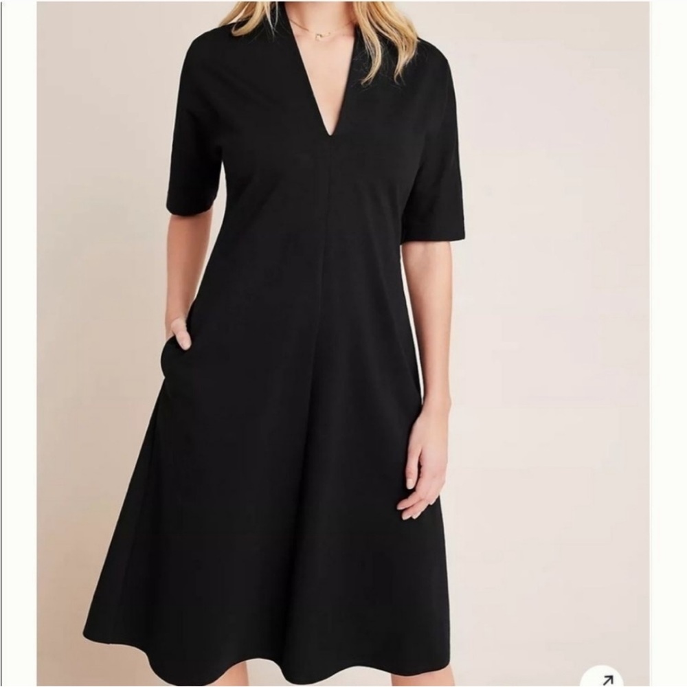Velvet Black A-Line Midi Dress V-Neck Short Sleeve - Picture 4 of 11